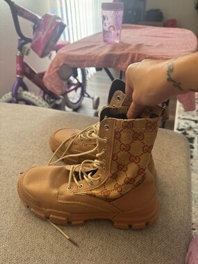 Gucci Tan Monogram Lace-Up Combat Boots - Women's